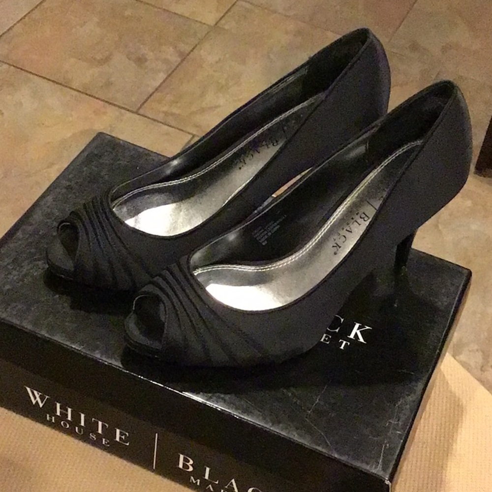 White House Black Market Black Satin Peep Toe Heels